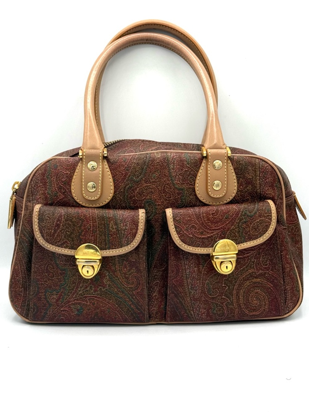 ETRO Paisley Boston Bag Double Front Pockets, Leather Trim ✅Authentic, Italy